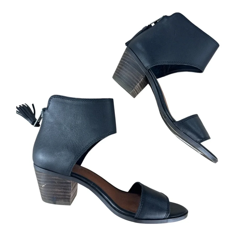 Lucky Brand Barbina Leather Heeled Sandals Black Size 6 Open Toe‎ Bootie Summer